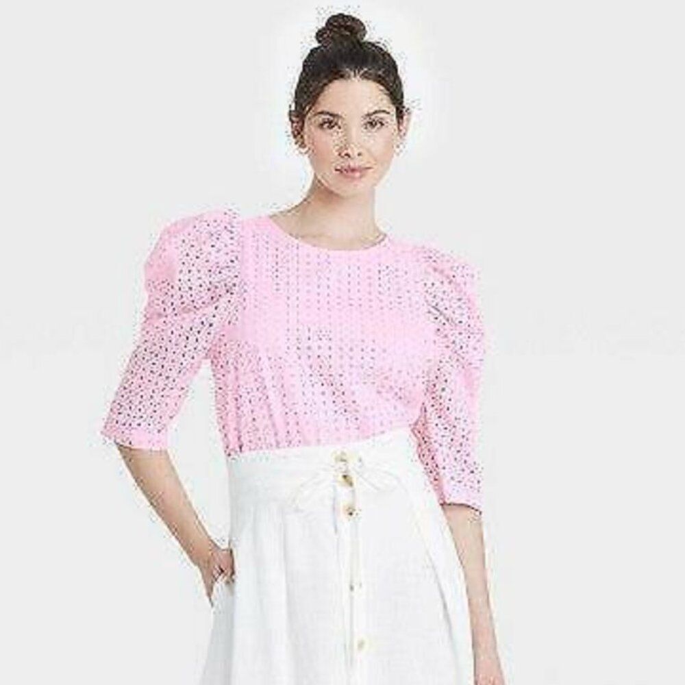 A New Day Eyelet Puff Sleeve Shirt Pink XXL NWT